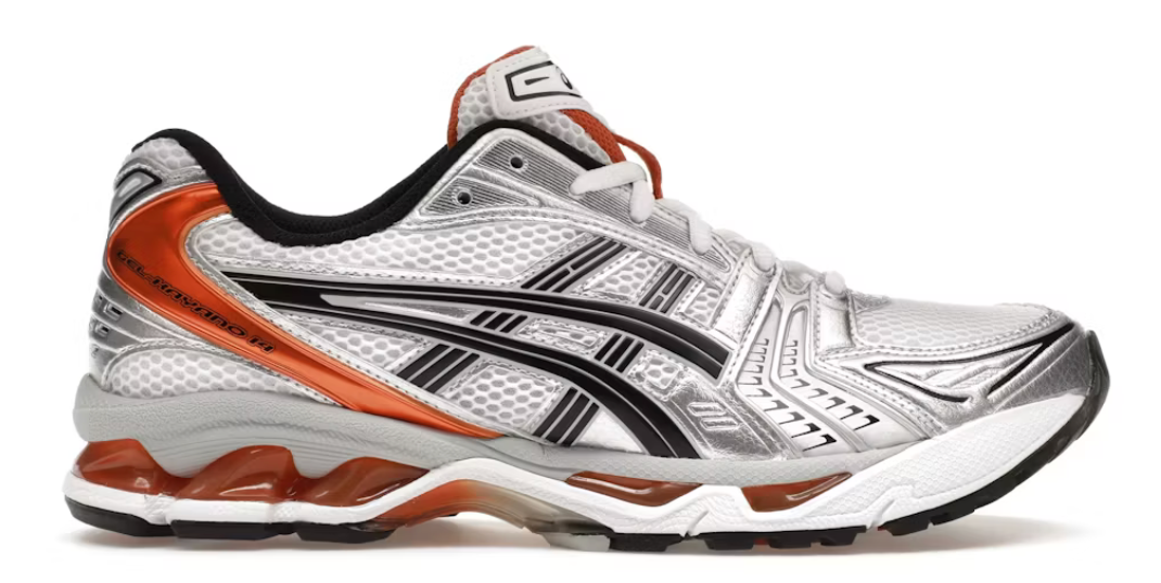 ASICS Gel-Kayano 14 White Piquant Orange – sneaker blanche mesh avec accents orange vif et amorti GEL