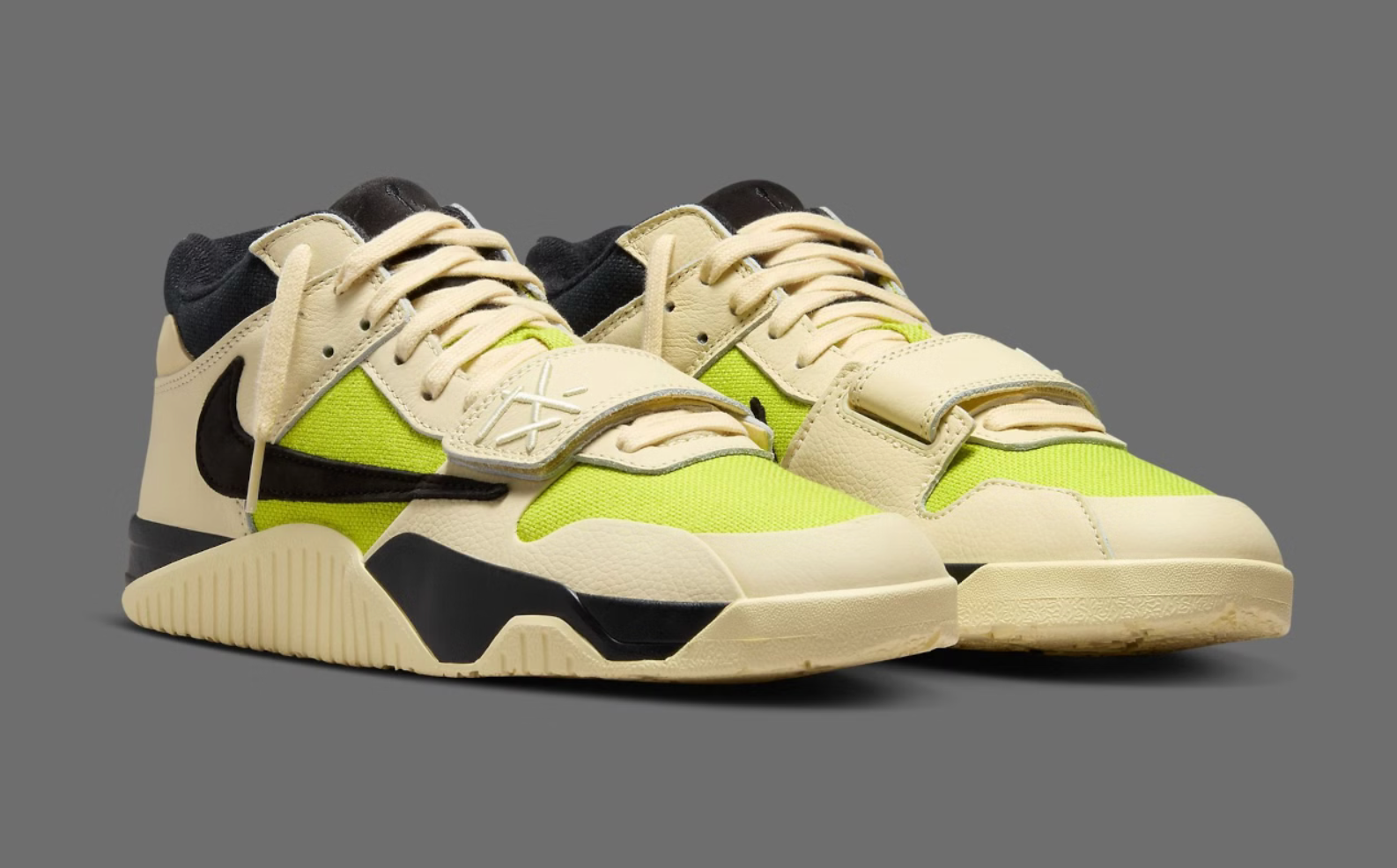 Chaussure de ville jumpman jack travis scott beige et jaune, vert lime, semelle confortable, vue de 3/4