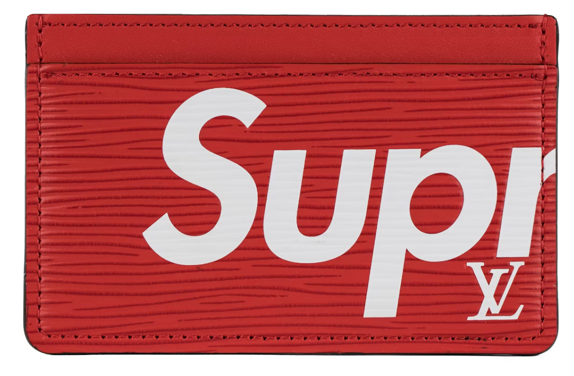 Louis Vuitton x Supreme Porte Carte Simple Epi Red écriture blanc lv logo texte
