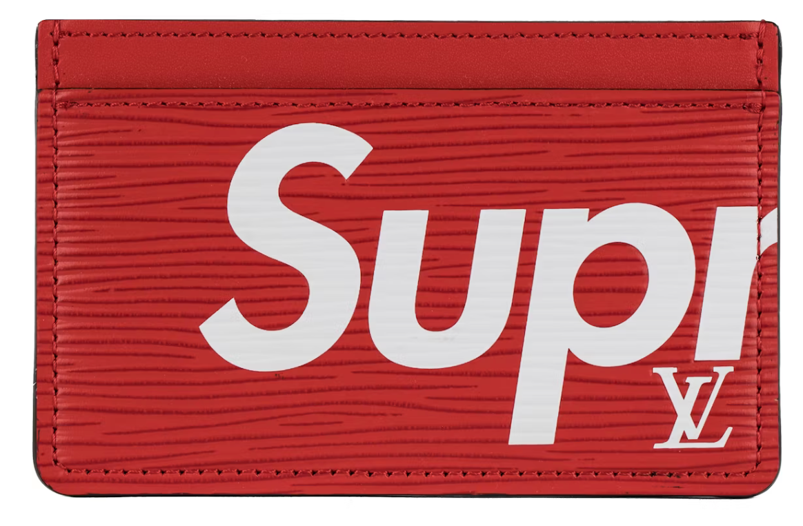 Louis Vuitton x Supreme Porte Carte Simple Epi Red écriture blanc lv logo texte