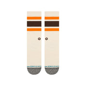 Paire de chaussette beige à motif rayure marron et orange vue de dessus