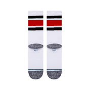 Paire de chaussette blanche a rayure rouge et noire vue de derrière