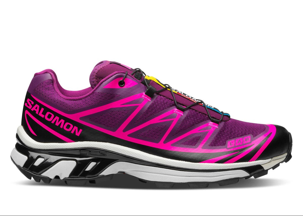 Chaussure de trail Salomon XT-6 Neon Tokyo Plum Caspia , semelle légère et confortable , vue de profil