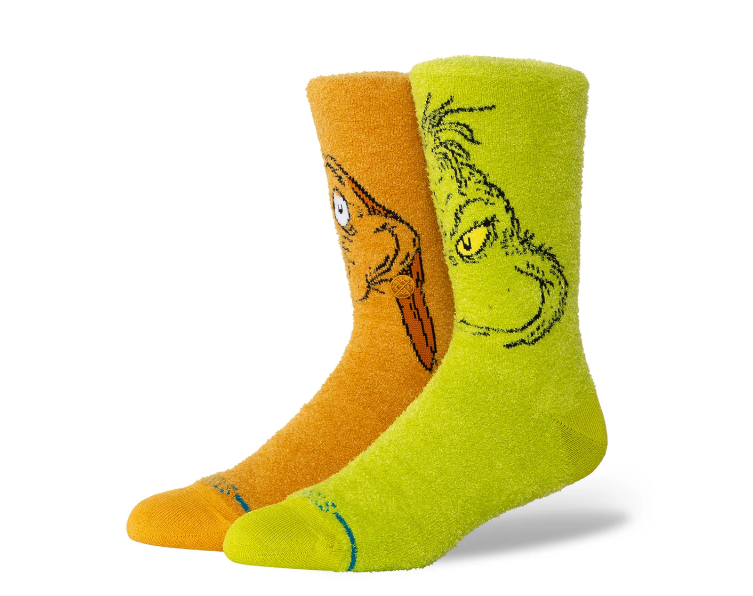Chaussettes STANCE Grinch and Max – chaussettes crew multicolores inspirées du Grinch et de son chien Max, en coton premium confortable, vue de coter