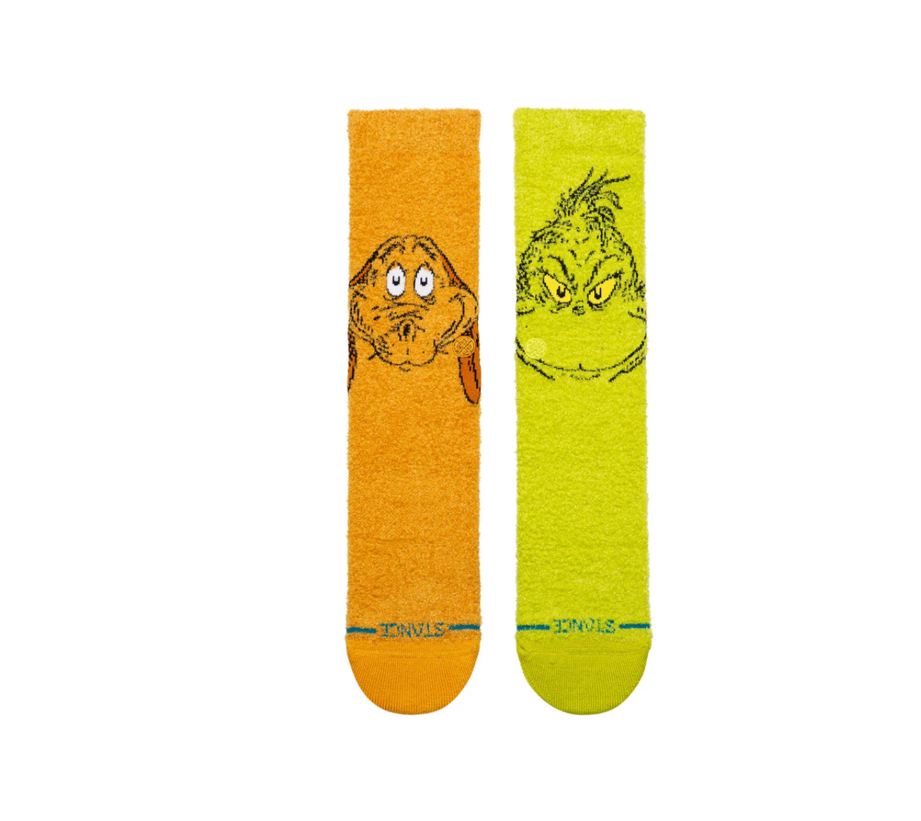 Chaussettes STANCE Grinch and Max – chaussettes crew multicolores inspirées du Grinch et de son chien Max, en coton premium confortable, vue de face