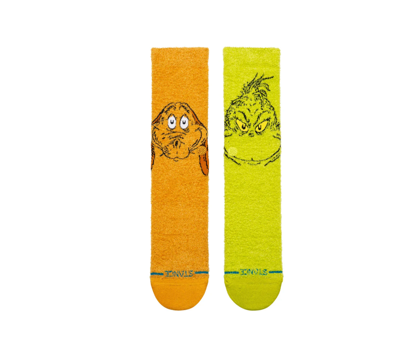 Chaussettes STANCE Grinch and Max – chaussettes crew multicolores inspirées du Grinch et de son chien Max, en coton premium confortable, vue de face