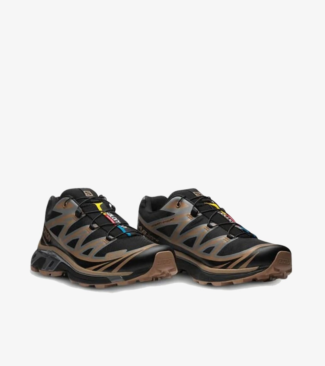 Salomon XT-6 Black Portabella Pewter – sneaker noir et brun terre premium, mesh respirant et semelle Contagrip, vue de 3/4 face