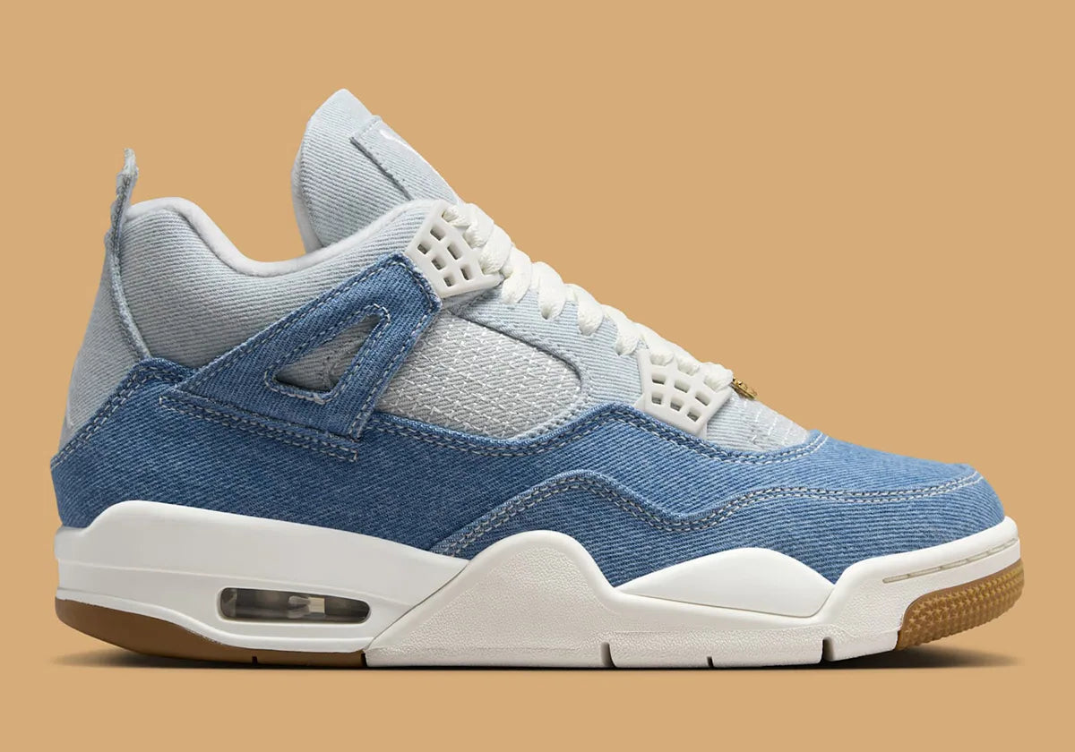 Jordan 4 Retro TEX Denim Worn Blue – sneaker en denim effet usé bleu, détails TPU translucides et semelle Air-Sole, vue de face