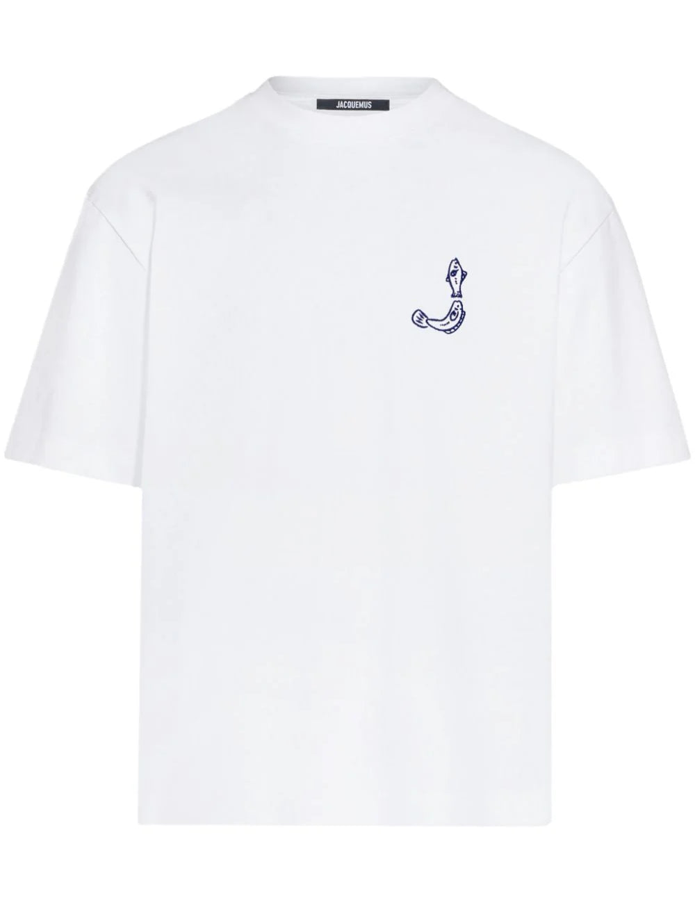 TEE SHIRT JACQUEMUS BLANC AVEC UN LOGO "J" EN FORME DE POISSON SUR LE COEUR ET UN GROS CADRE INSCRIT JACQUEMUS AU DOS DU TEE-SHIRT