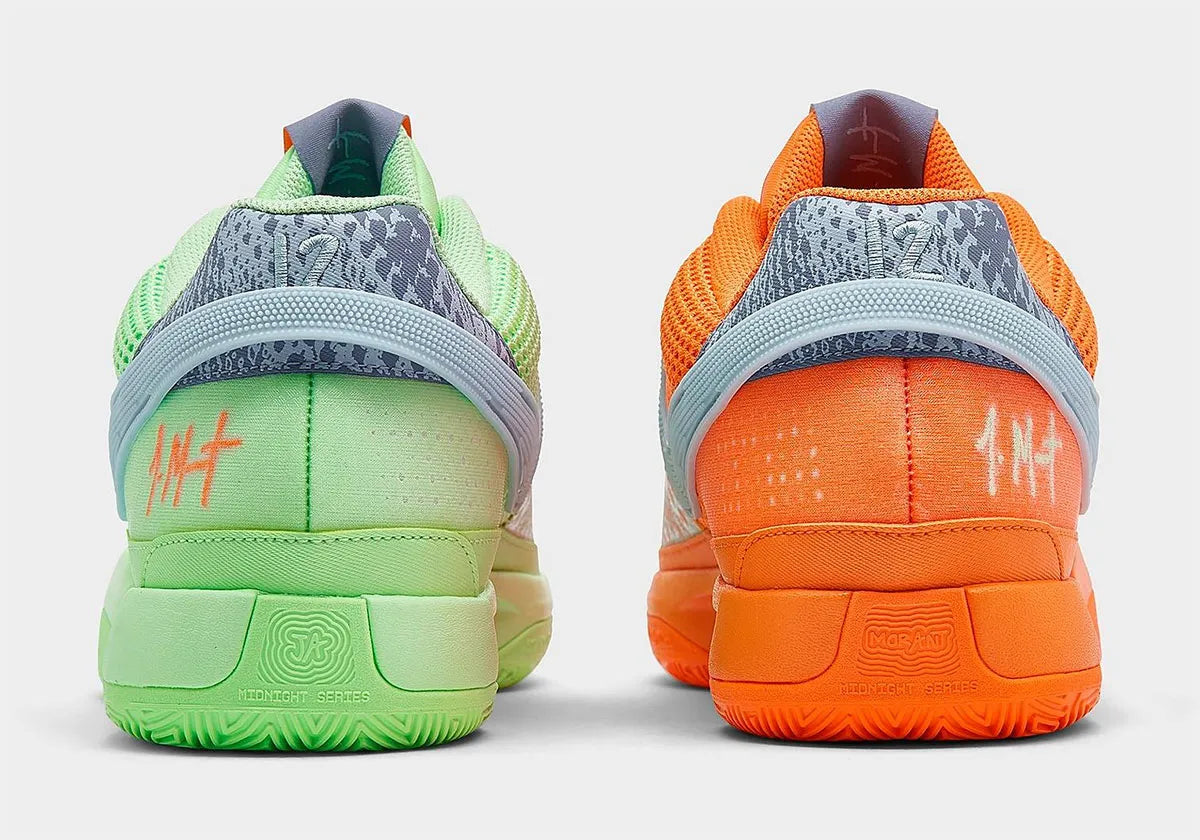 Chaussure dépareillé nike, ja 1 mismatch verte et orange vu de derrière