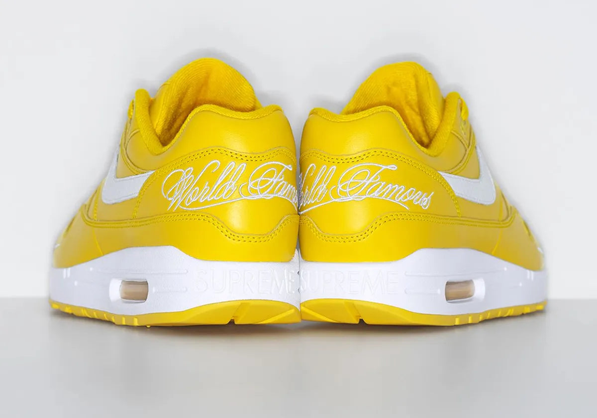 chaussure de ville air max 1 supreme jaune, blanc, semelle confortable, vue de l'arrière