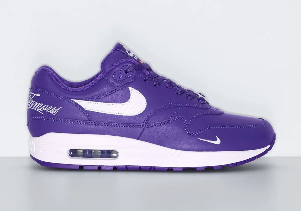 Chaussure de ville air max 1 supreme violet, blanc, semelle confortable, vue de profil