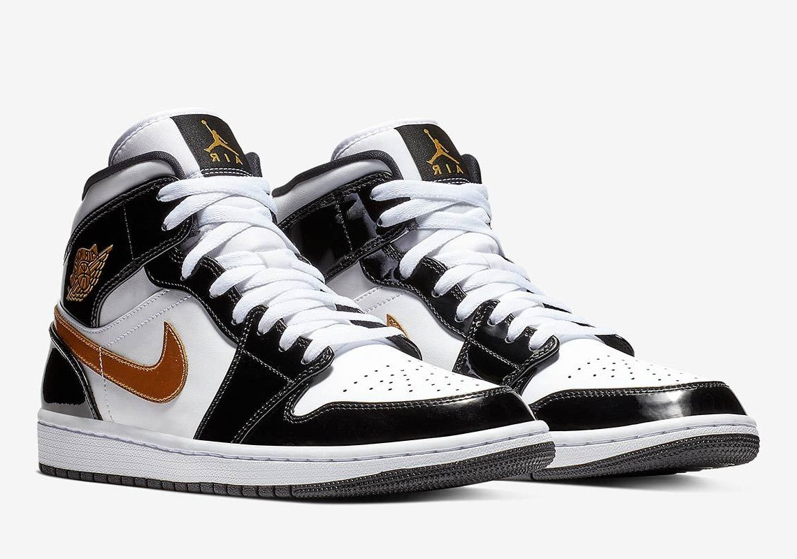 Air Jordan 1 Mid Patent Black White Gold 1 vu de profil