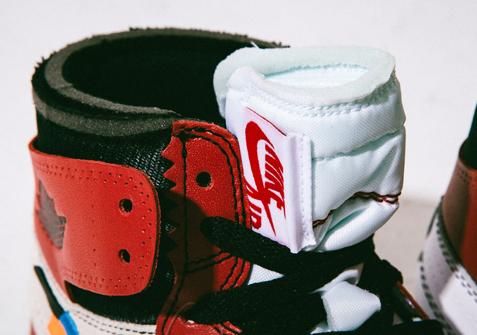 Air Jordan 1 Retro High Off-White Chicago – sneakers rouges, blanches et noires avec design déconstruit signé Virgil Abloh, vue zoomer languette