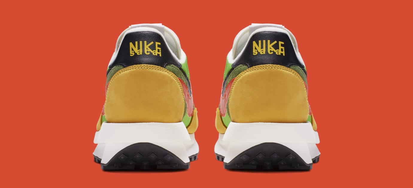Nike LDWaffle sacai Green Multi – sneaker multicolore verte, jaune et orange avec double Swoosh et semelle empilée , vue arrière