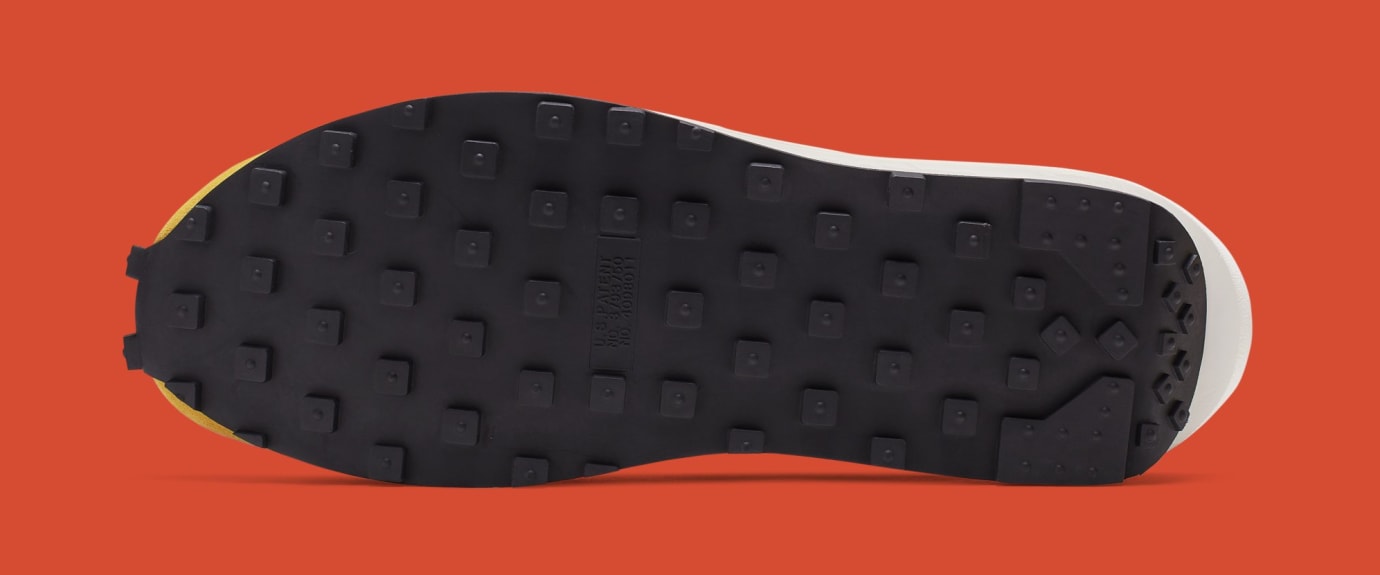 Nike LDWaffle sacai Green Multi – sneaker multicolore verte, jaune et orange avec double Swoosh et semelle empilée , vue de la semelle