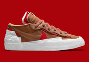 Nike Blazer Low sacai British Tan – sneaker en suède marron avec double Swoosh et semelle intermédiaire empilée, vue de face