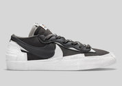Nike Blazer Low sacai Iron Grey – sneaker grise en cuir et suède avec double Swoosh et semelle empilée, vue de face