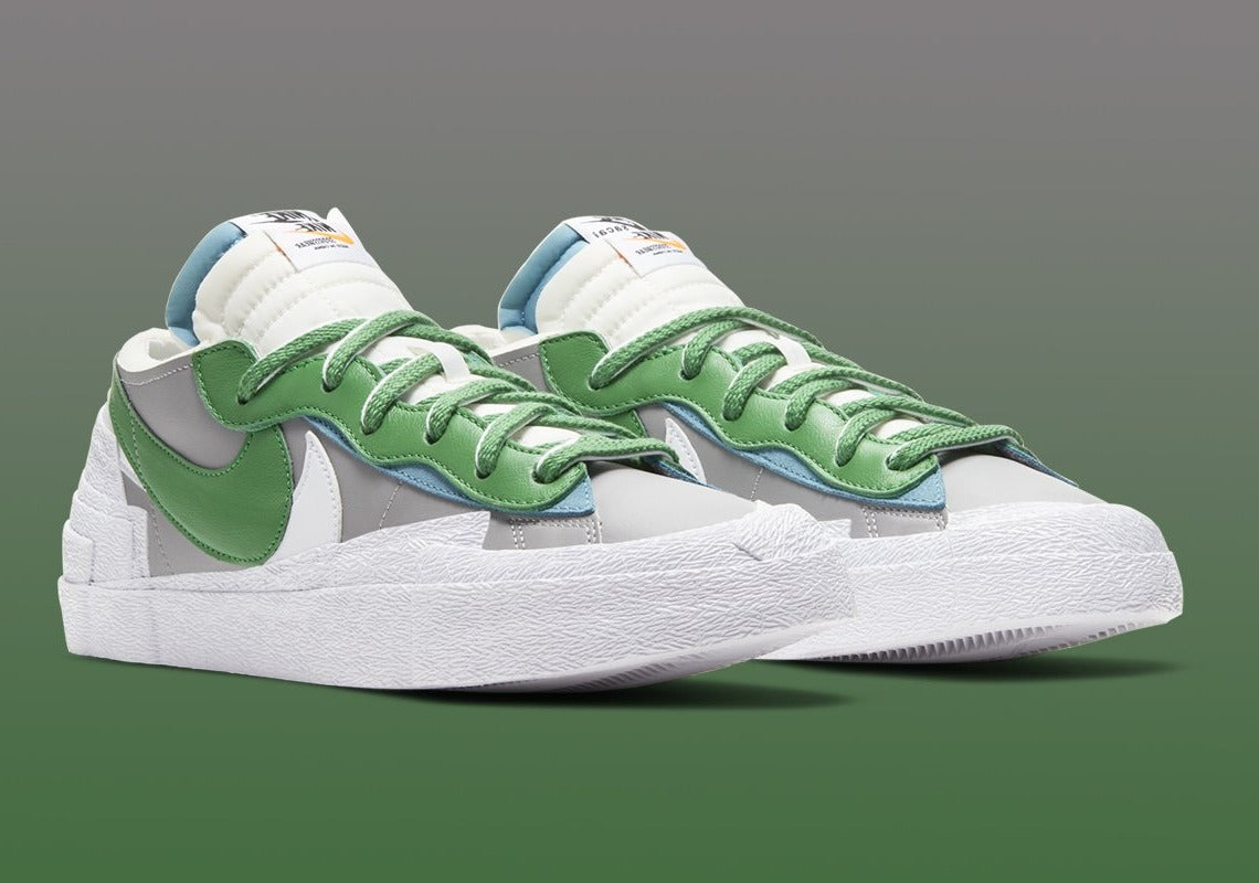 Nike Blazer Low x sacai Classic Green – sneaker verte avec double Swoosh blanc et jaune et semelle empilée, vue de profil