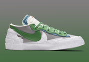 Nike Blazer Low x sacai Classic Green – sneaker verte avec double Swoosh blanc et jaune et semelle empilée, vue de coter