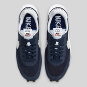 Nike LDWaffle SF sacai Fragment Blue Void – sneaker bleu marine avec double Swoosh blanc et semelle empilée, vue de haut