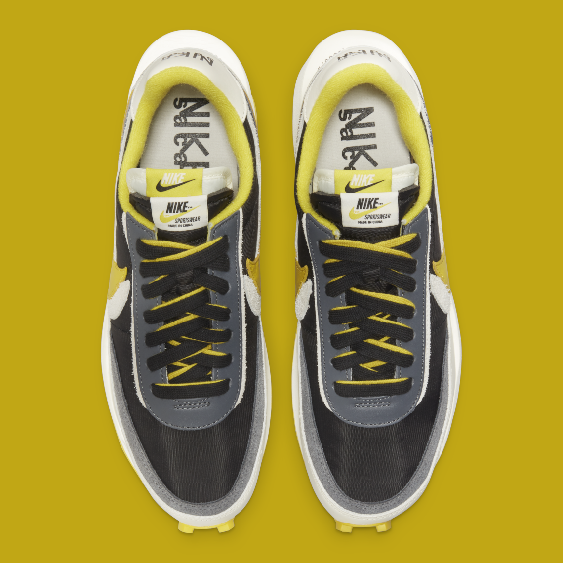 Nike LDWaffle sacai Undercover Black Bright Citron – sneaker noire et jaune avec double Swoosh et semelle empilée, vue de haut