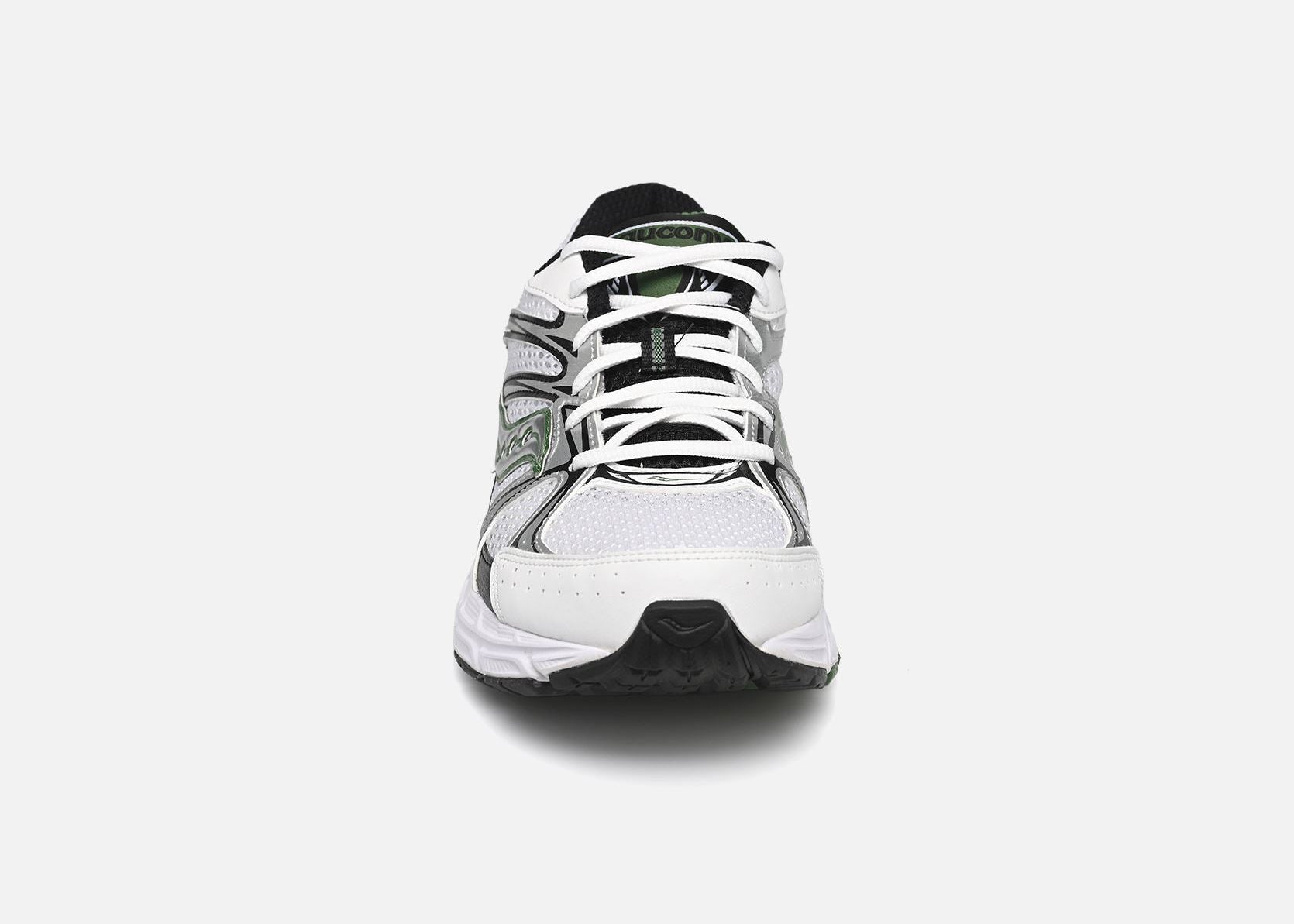 Saucony Ride Millennium blanche avec détails noirs et verts, mesh respirant et semelle amortie GRID.Vue de face