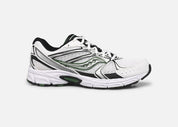 Saucony Ride Millennium blanche avec détails noirs et verts, mesh respirant et semelle amortie GRID.Vue de coté