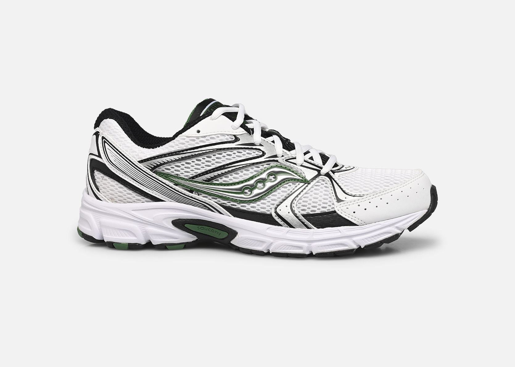 Saucony Ride Millennium blanche avec détails noirs et verts, mesh respirant et semelle amortie GRID.Vue de coté