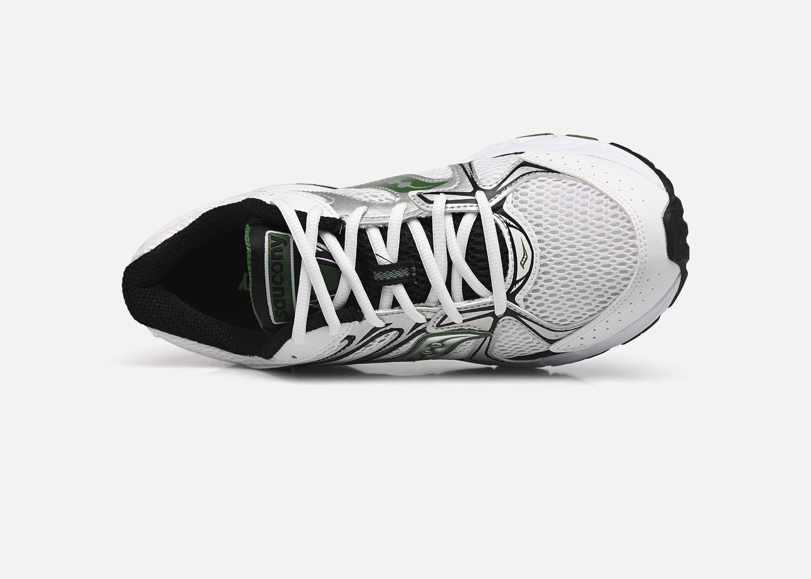 Saucony Ride Millennium blanche avec détails noirs et verts, mesh respirant et semelle amortie GRID.Vue de haut