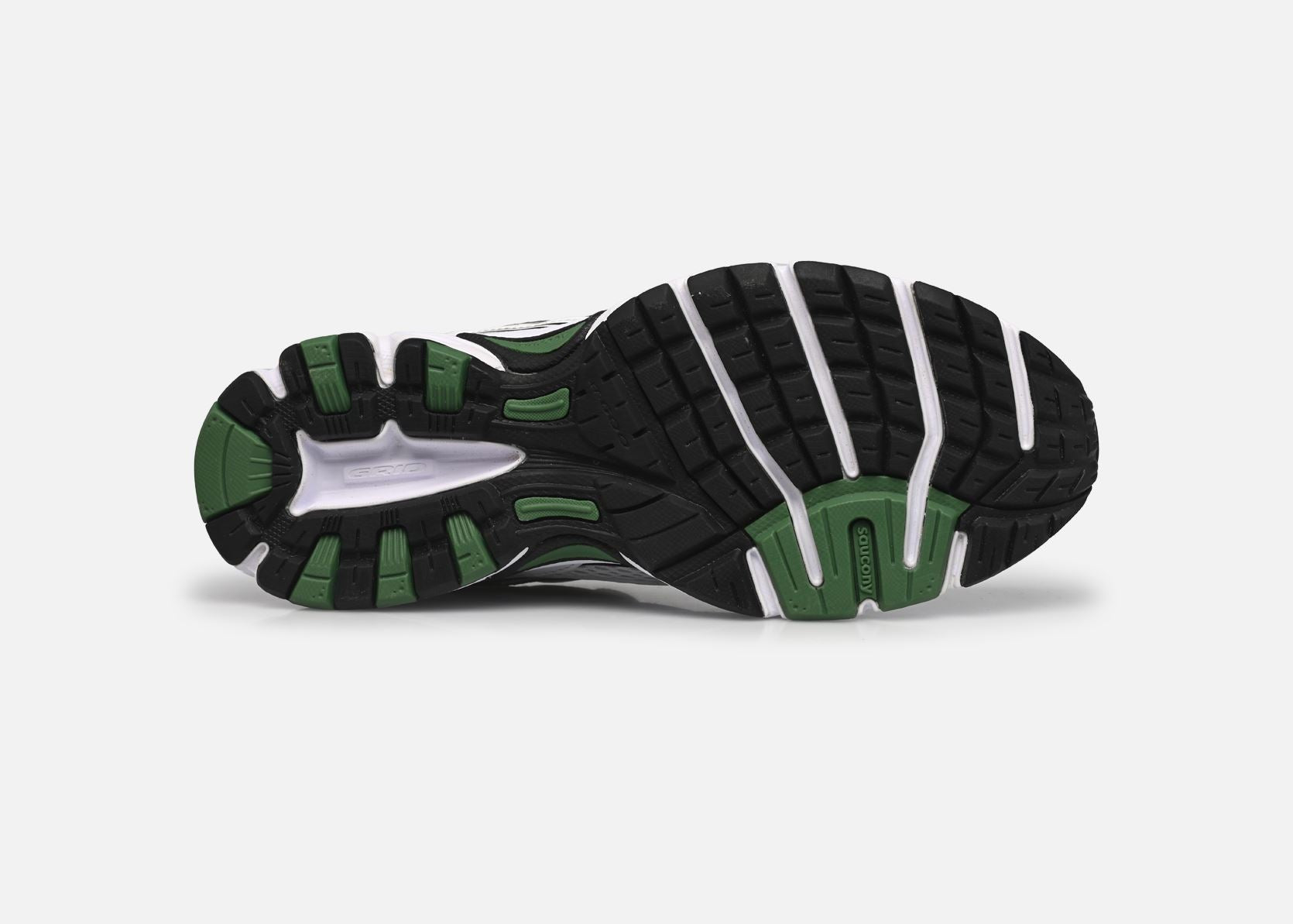 Saucony Ride Millennium blanche avec détails noirs et verts, mesh respirant et semelle amortie GRID.Vue de la semelle 