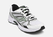 Saucony Ride Millennium blanche avec détails noirs et verts, mesh respirant et semelle amortie GRID.Vue de profil