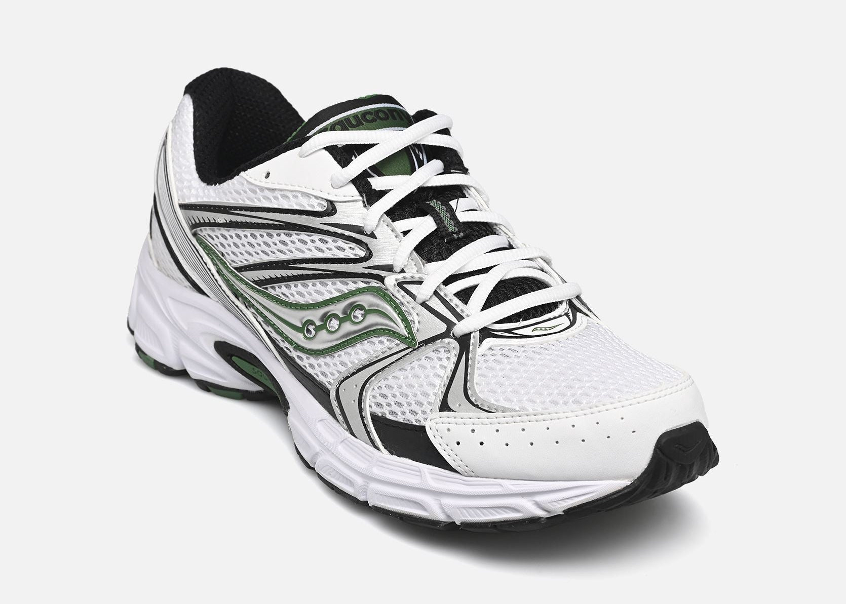 Saucony Ride Millennium blanche avec détails noirs et verts, mesh respirant et semelle amortie GRID.Vue de profil