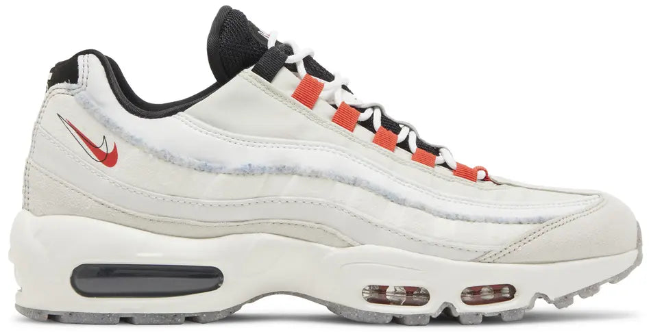 Sneakers Nike Air Max 95 Light Bone Habanero Red beige clair et rouge en mesh et matières synthétiques avec amorti Air Max visible. Vue extérieur 