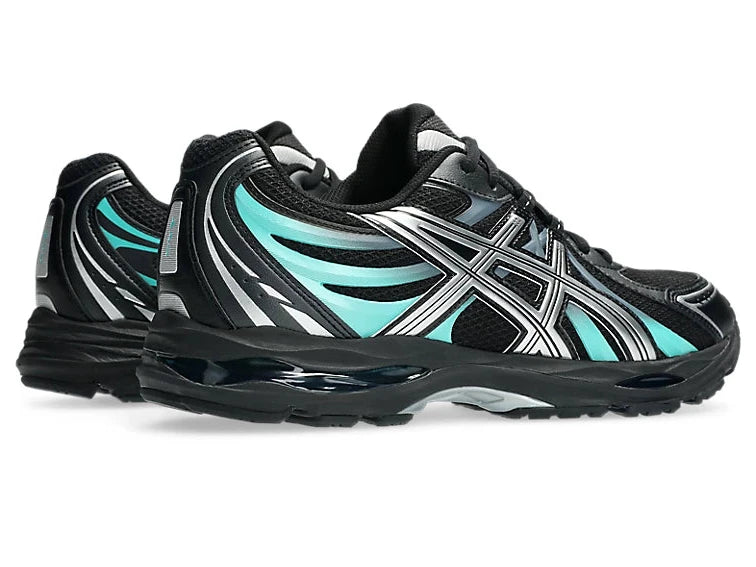 ASICS Gel-Sekiran Black Waterfall en mesh noir avec détails bleu aquatique, amorti GEL et silhouette technique contemporaine.