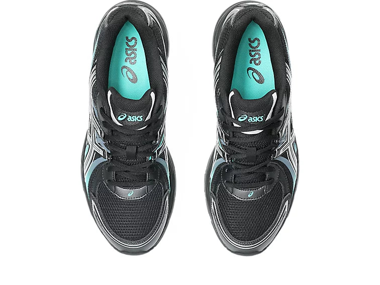 ASICS Gel-Sekiran Black Waterfall en mesh noir avec détails bleu aquatique, amorti GEL et silhouette technique contemporaine.