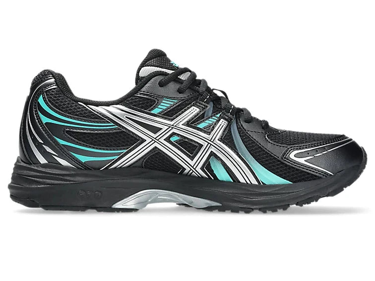 ASICS Gel-Sekiran Black Waterfall en mesh noir avec détails bleu aquatique, amorti GEL et silhouette technique contemporaine.