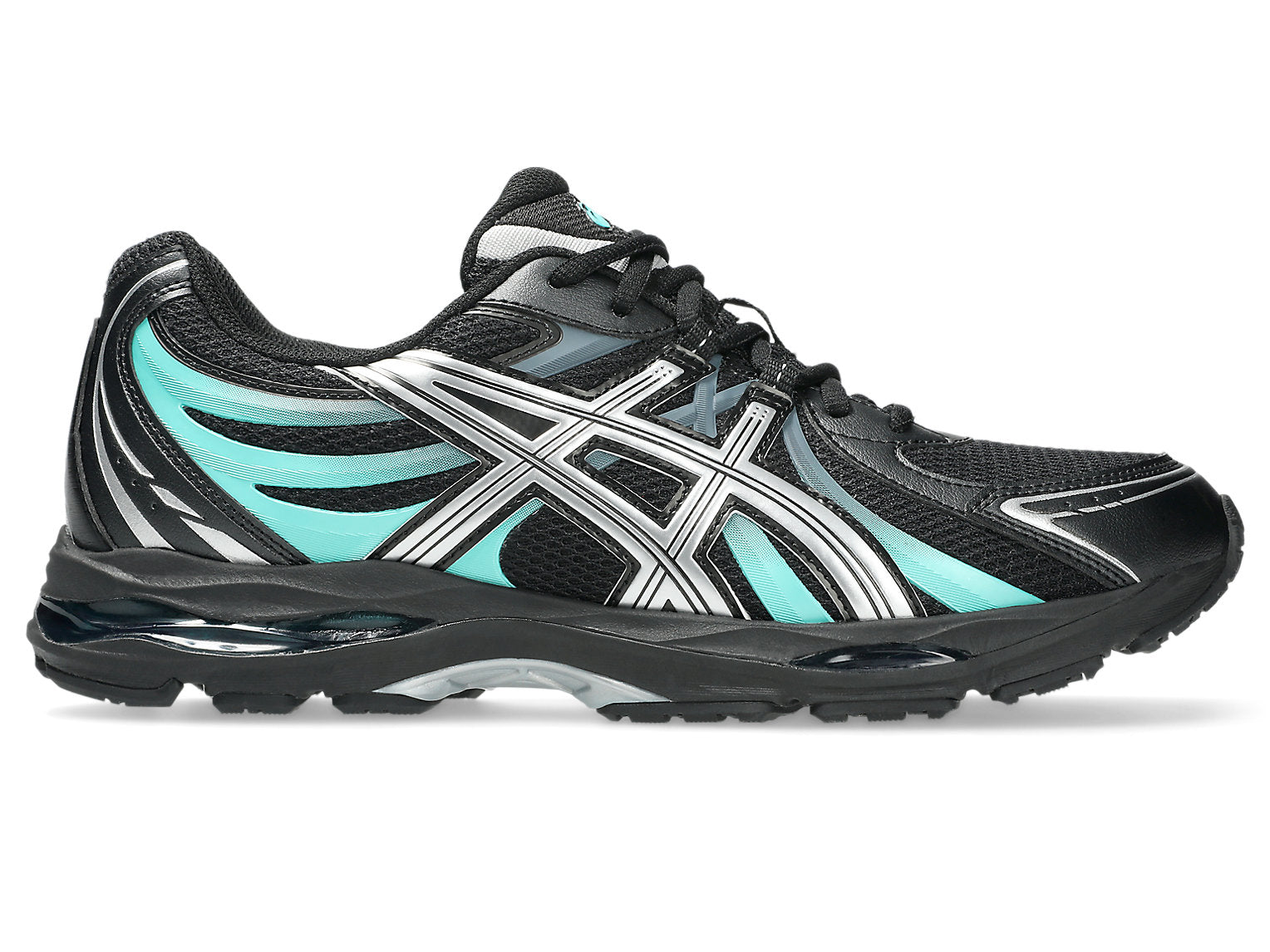 ASICS Gel-Sekiran Black Waterfall en mesh noir avec détails bleu aquatique, amorti GEL et silhouette technique contemporaine.