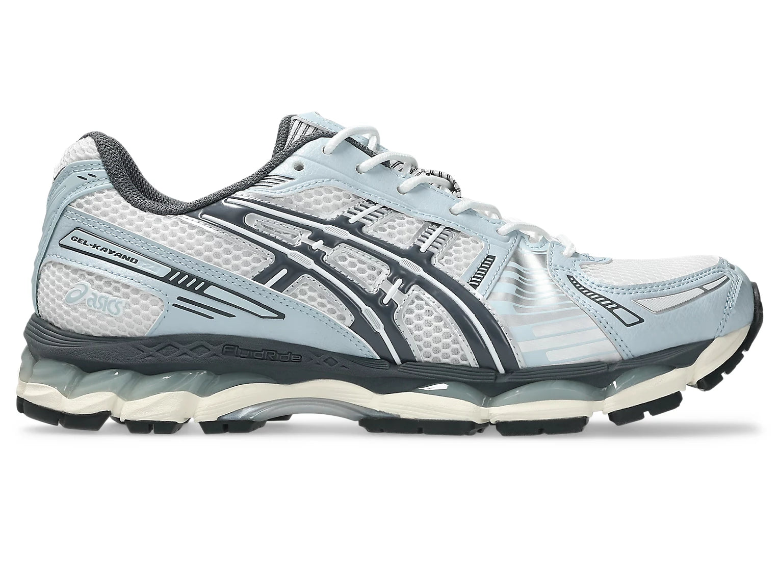 Sneaker ASICS Gel-Kayano 12.1 White Carrier Grey en mesh blanc et gris avec amorti GEL, détails argentés et silhouette rétro-running premium.