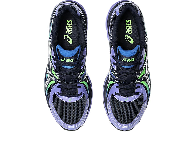 ASICS Gel-Sekiran Midnight Pure Silver en mesh bleu nuit avec détails argentés métallisés, amorti GEL et silhouette technique contemporaine.