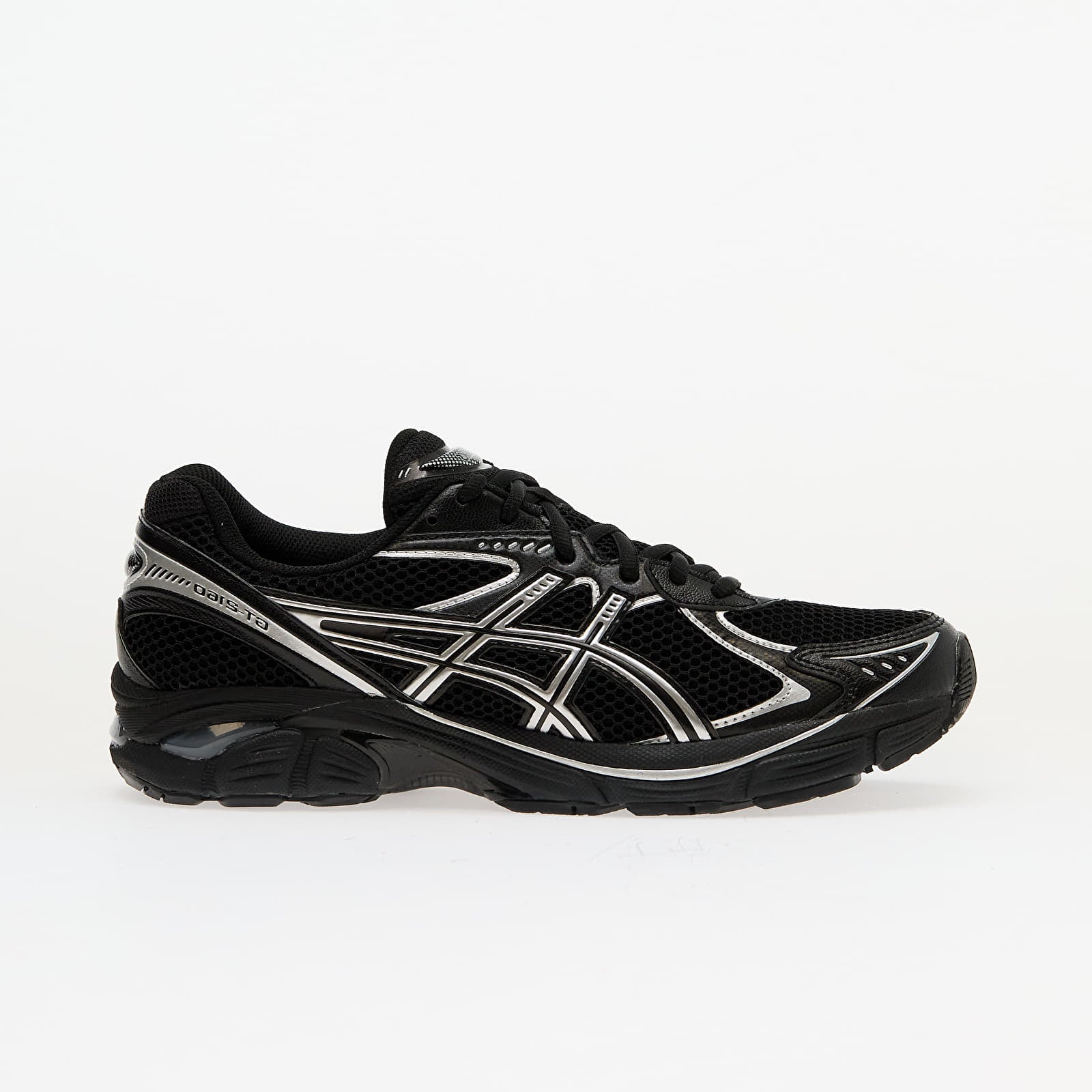 Sneaker ASICS GT-2160 Black Pure Silver en mesh noir avec détails argentés métallisés et amorti GEL performant.
