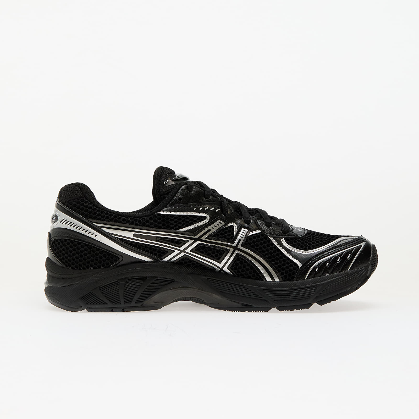 Sneaker ASICS GT-2160 Black Pure Silver en mesh noir avec détails argentés métallisés et amorti GEL performant.