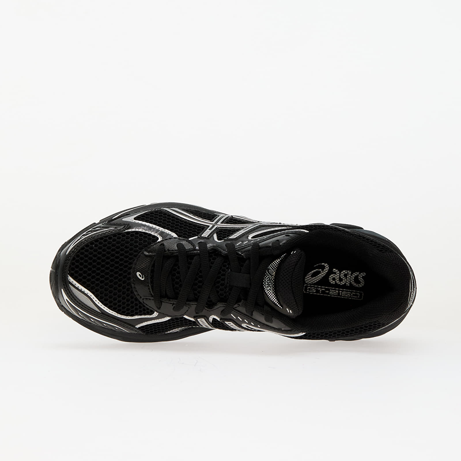 Sneaker ASICS GT-2160 Black Pure Silver en mesh noir avec détails argentés métallisés et amorti GEL performant.