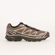 Sneakers Salomon XT-6 Walnut Huckleberry en mesh technique respirant, avec empiècements synthétiques premium, laçage Quicklace et semelle Contagrip haute adhérence.