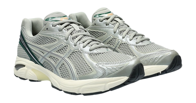Sneaker ASICS GT-2160 Seal Grey Jewel Green en mesh gris avec détails verts et amorti GEL pour un confort optimal.