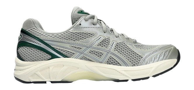 Sneaker ASICS GT-2160 Seal Grey Jewel Green en mesh gris avec détails verts et amorti GEL pour un confort optimal.