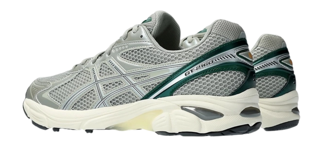 Sneaker ASICS GT-2160 Seal Grey Jewel Green en mesh gris avec détails verts et amorti GEL pour un confort optimal.