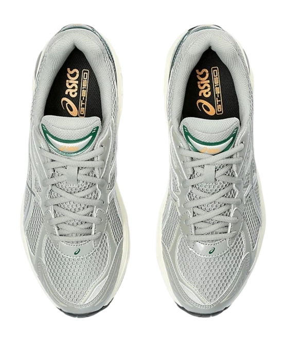 Sneaker ASICS GT-2160 Seal Grey Jewel Green en mesh gris avec détails verts et amorti GEL pour un confort optimal.