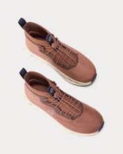 On Running Cloudtilt Hi LOEWE taupe beige et navy en mesh technique avec semelle CloudTec Phase premium. vue de dessus