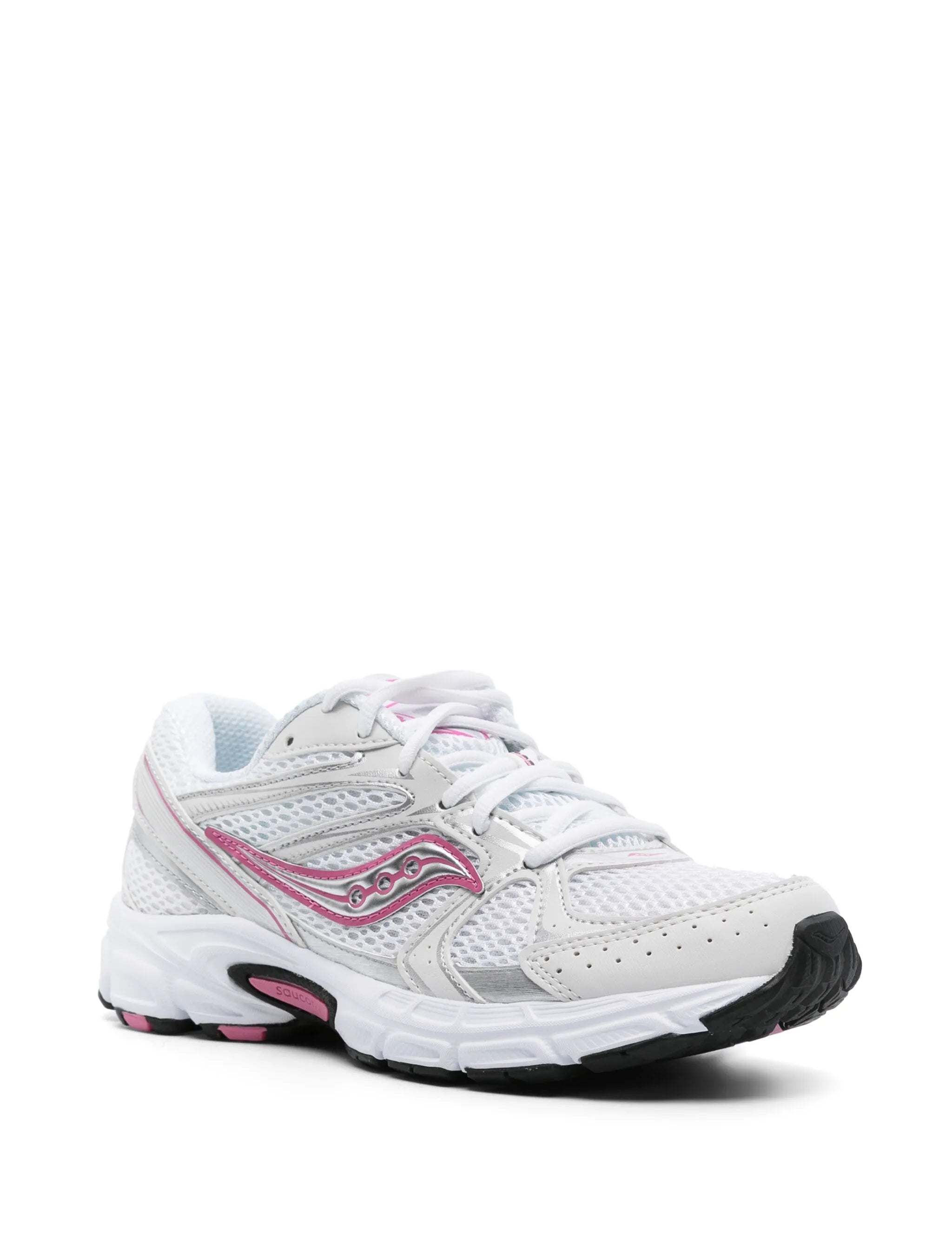 Saucony Grid Ride Millennium blanche avec détails argent et rose, mesh respirant et amorti GRID.Vue de profil